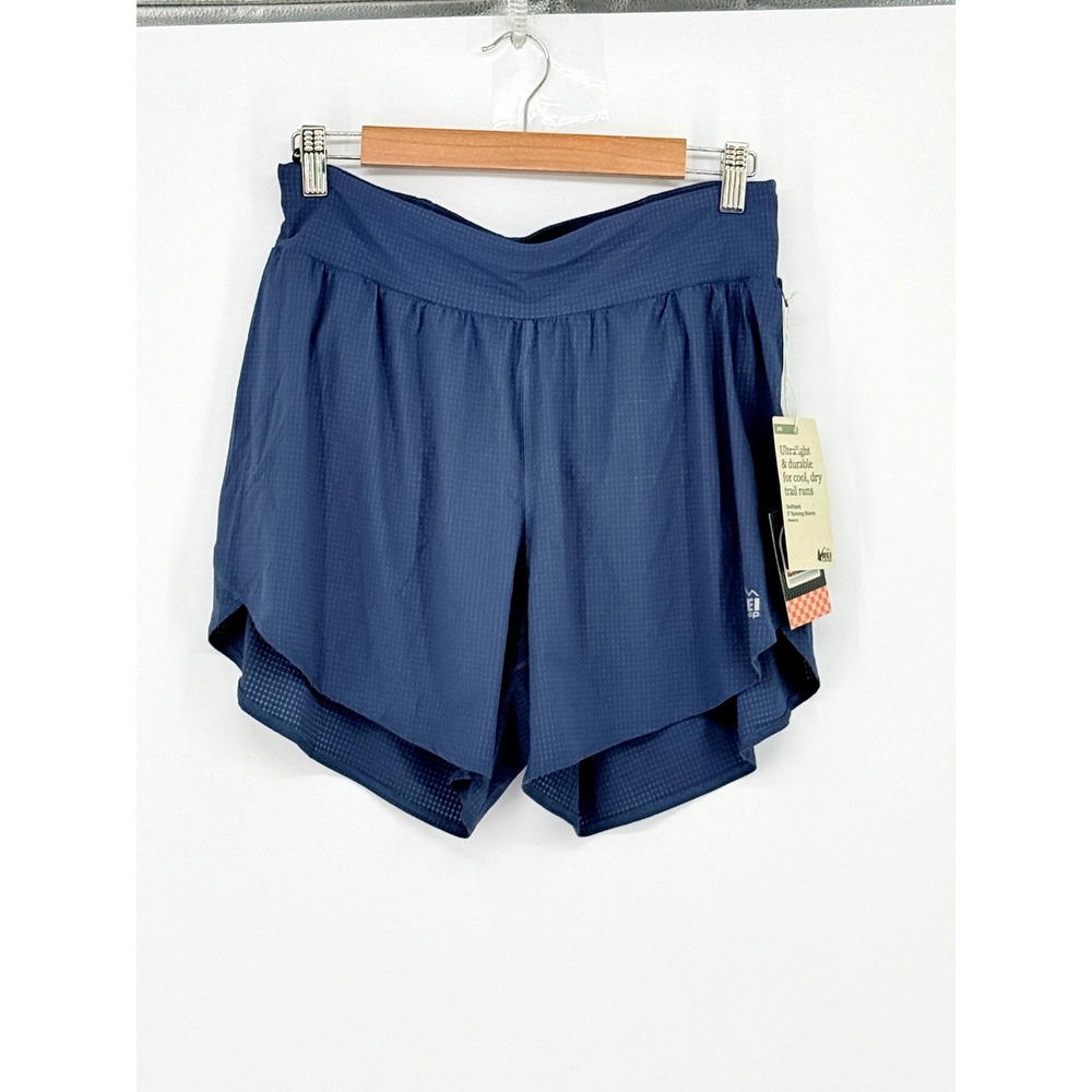 New REI Co-op Womens Swiftland 5" Running Lined Shorts Blue Gorp Athletic Size M